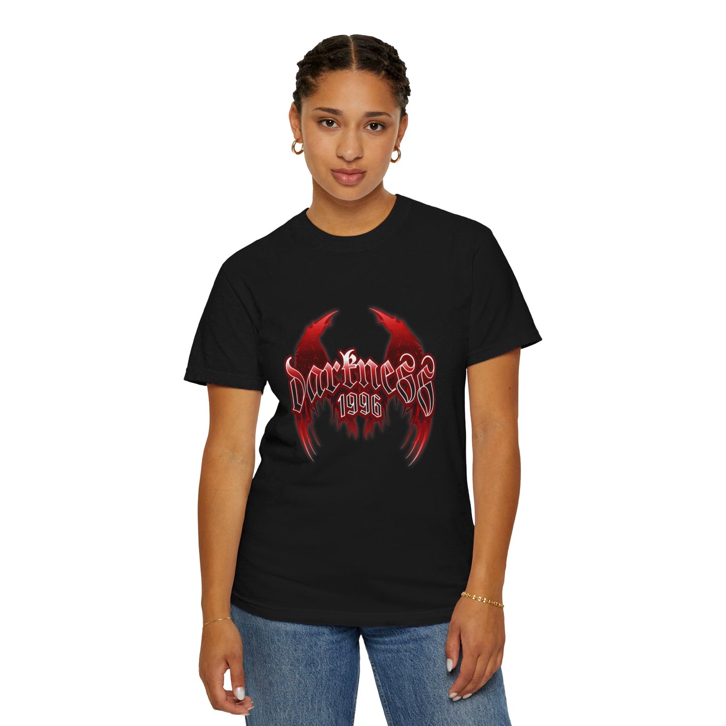 Darkness 1996 Gothic Graphic T-Shirt with Red Accents