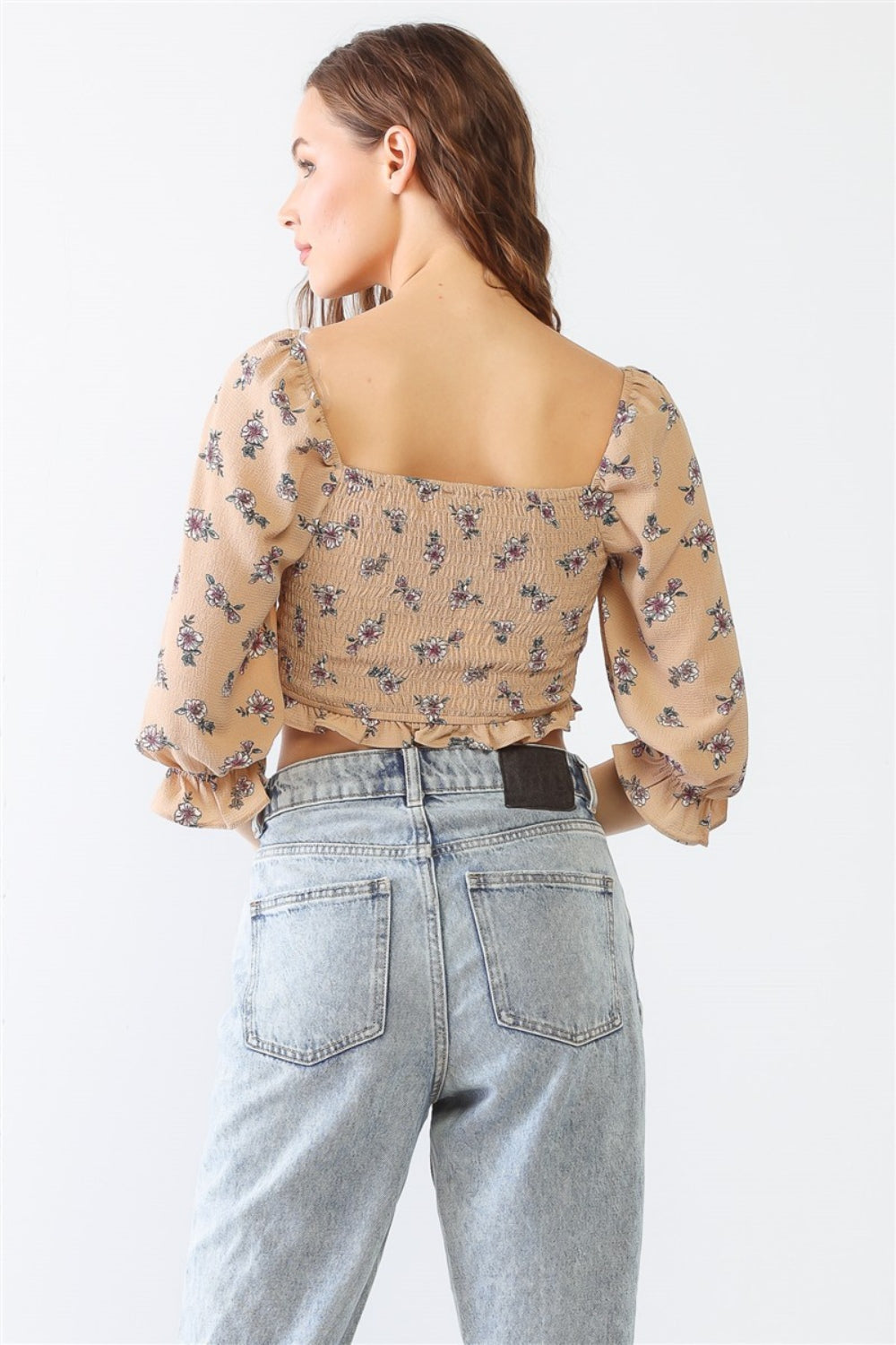 Miss Love / Kevin Co. Floral Ruffle Smocked Back Ruched Crop Top - bllue yonders