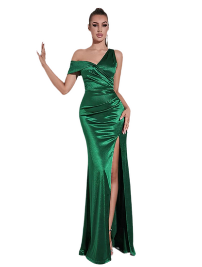 One-Shoulder Thigh-Slit Satin Dress