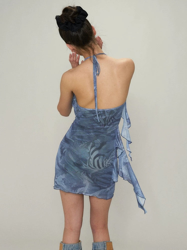 Blue Printed Asymmetrical Resort Dress