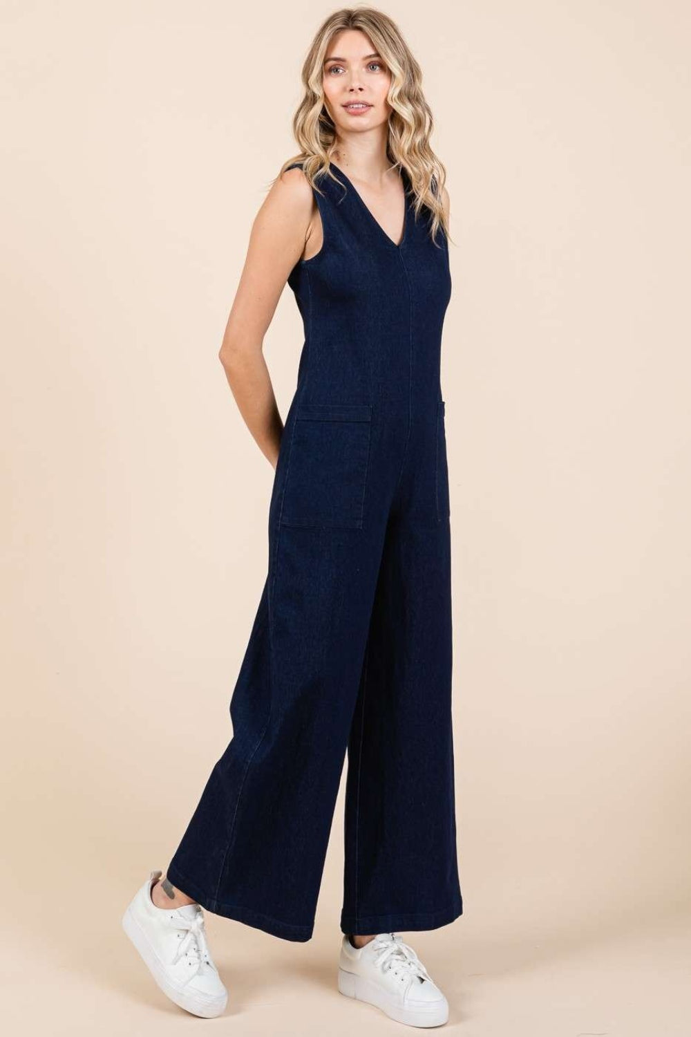 Mittoshop Sleeveless Wide Leg Denim Jumpsuit - blue yonderz