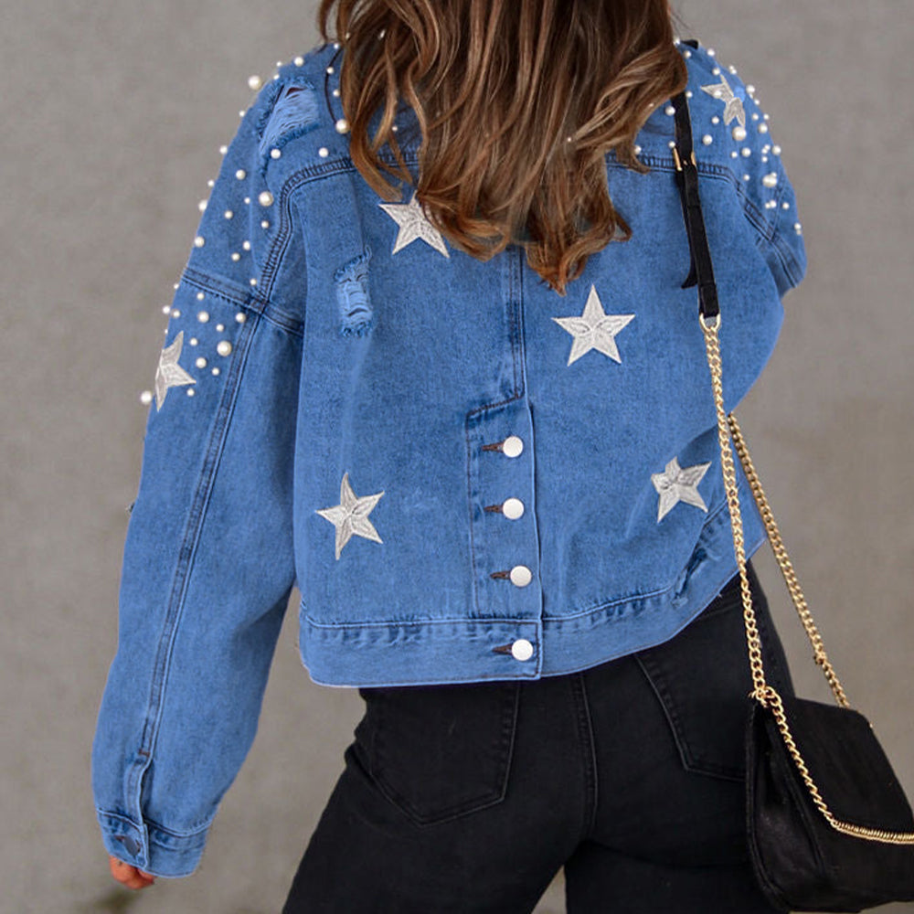 Bead Detail Denim Jacket - blue yonderz