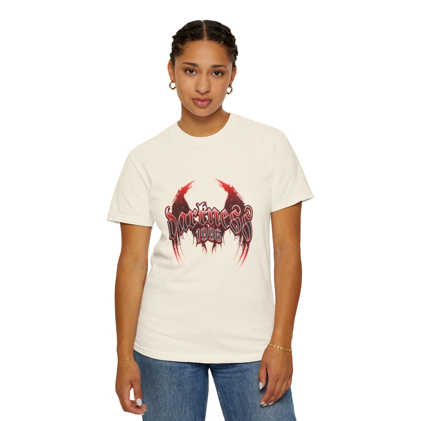 Darkness 1996 Gothic Graphic T-Shirt with Red Accents