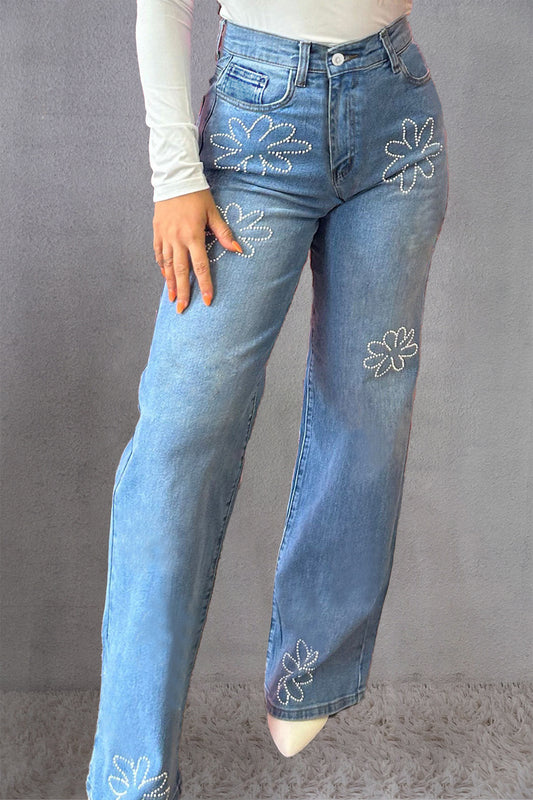 Rhinestone Straight Jeans with Pockets - blue yonderz