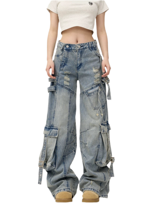 Heavy Washed Ripped Cargo Jeans