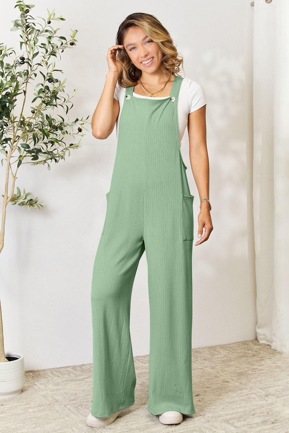 Double Take Full Size Wide Strap Overall with Pockets - bllue yonders