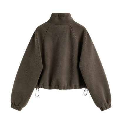 Cozy Drawstring Cropped Fleece Zip Jacket