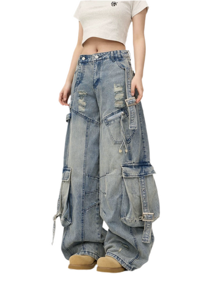Heavy Washed Ripped Cargo Jeans
