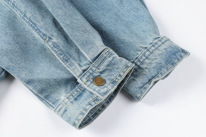 Light Blue Retro Double Zipper Stand Collar Denim Jacket