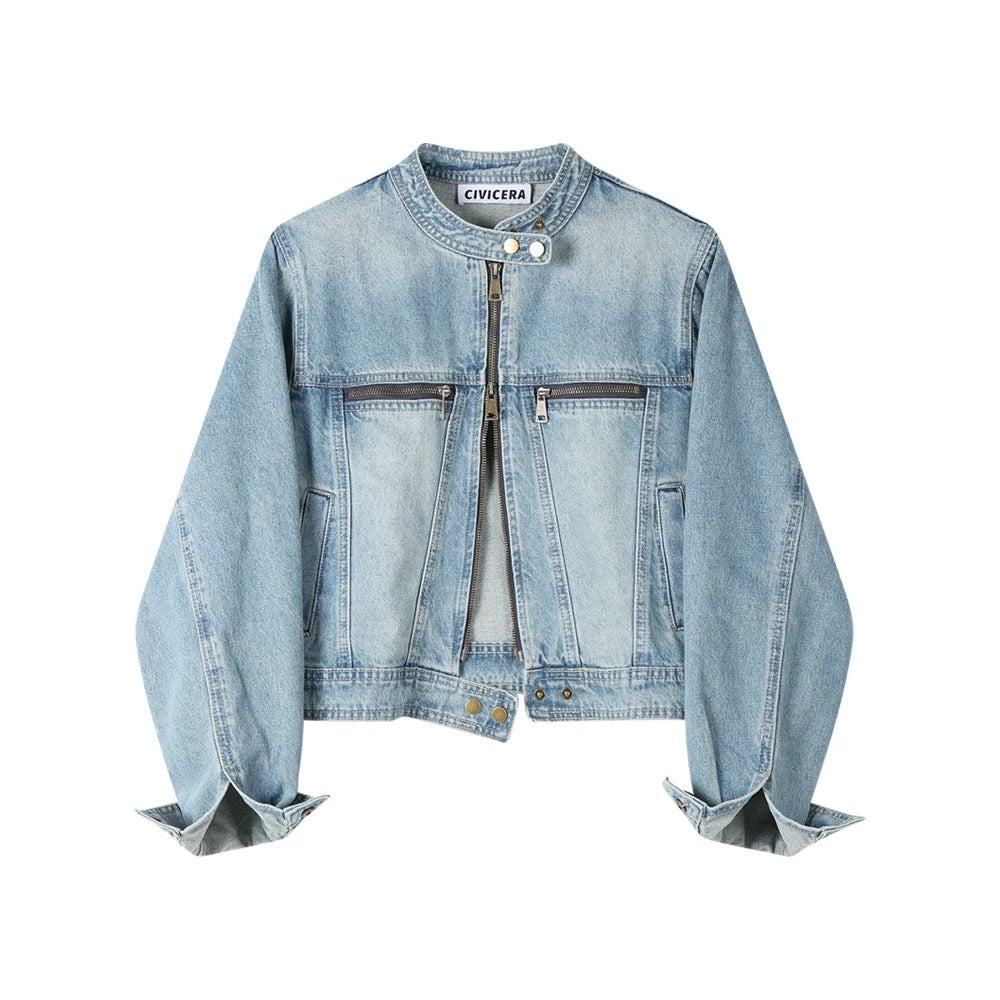 Light Blue Retro Double Zipper Stand Collar Denim Jacket