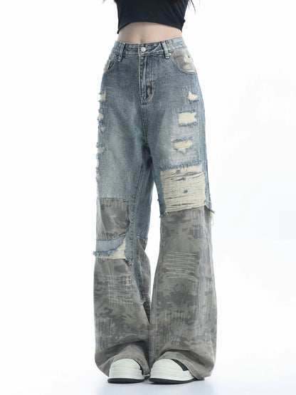 Patchwork Wide-Leg Camouflage Jeans