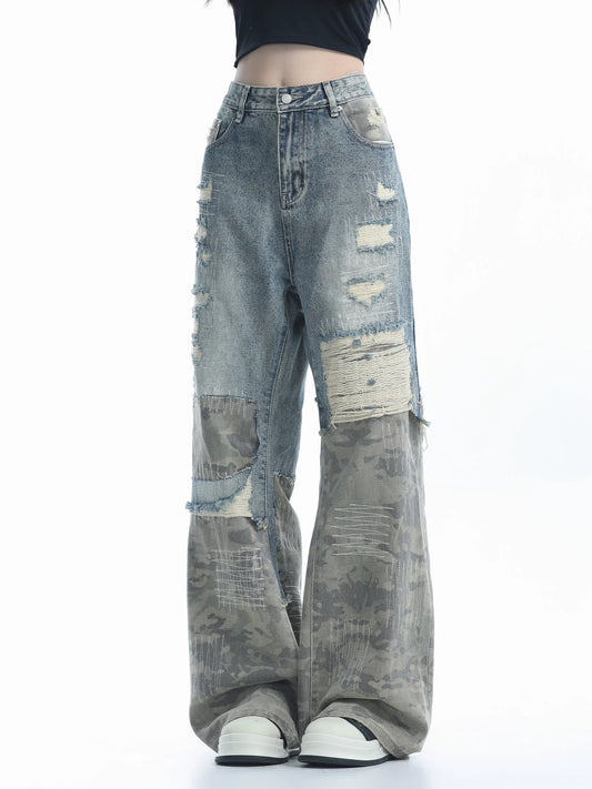 Patchwork Wide-Leg Camouflage Jeans