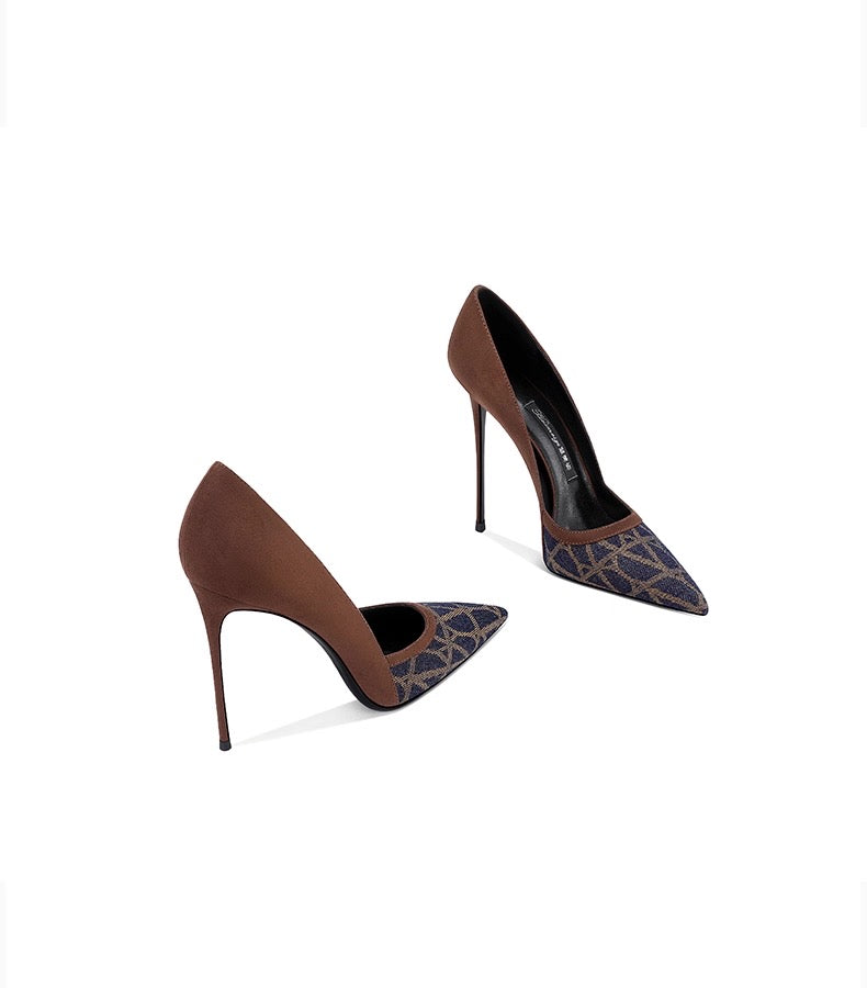Elegant Brown Patchwork Pointed Pumps