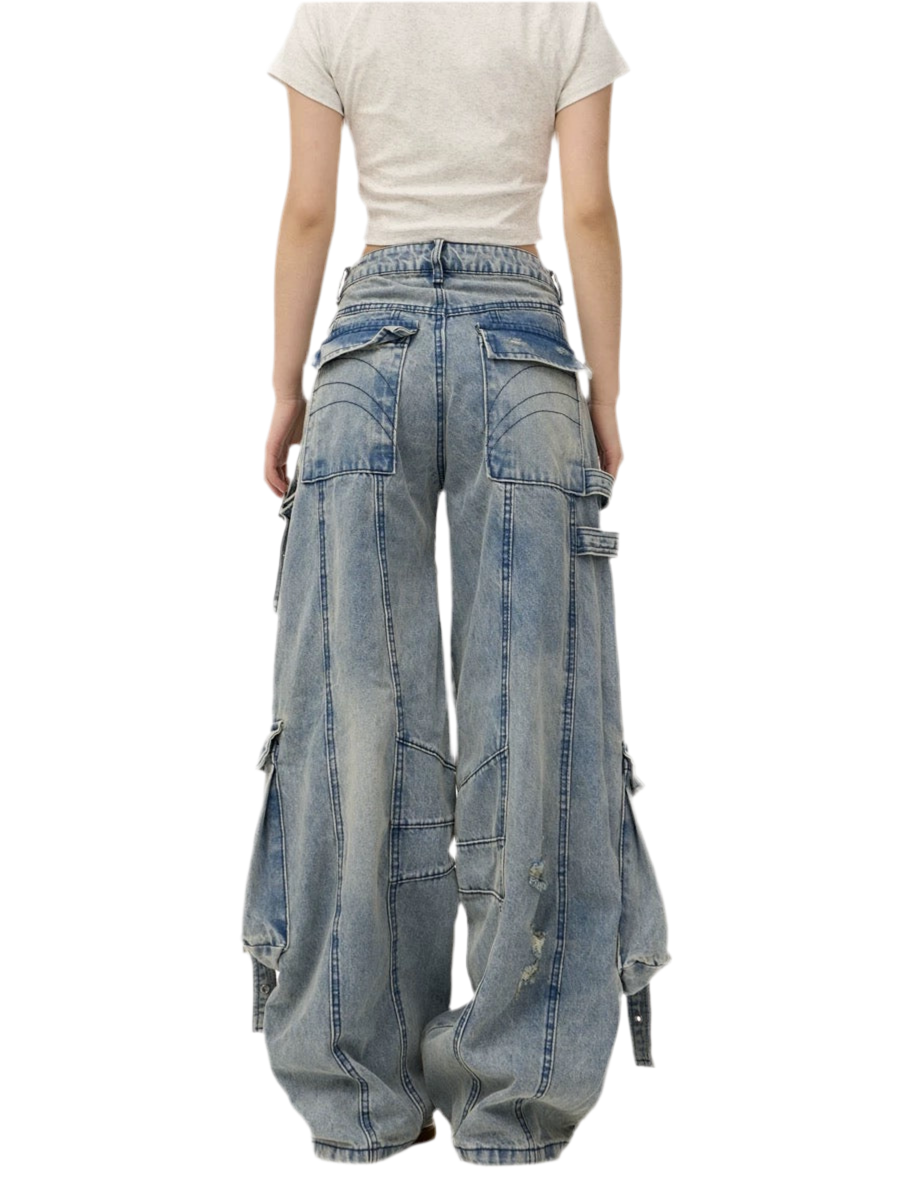 Heavy Washed Ripped Cargo Jeans