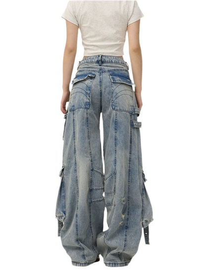 Heavy Washed Ripped Cargo Jeans