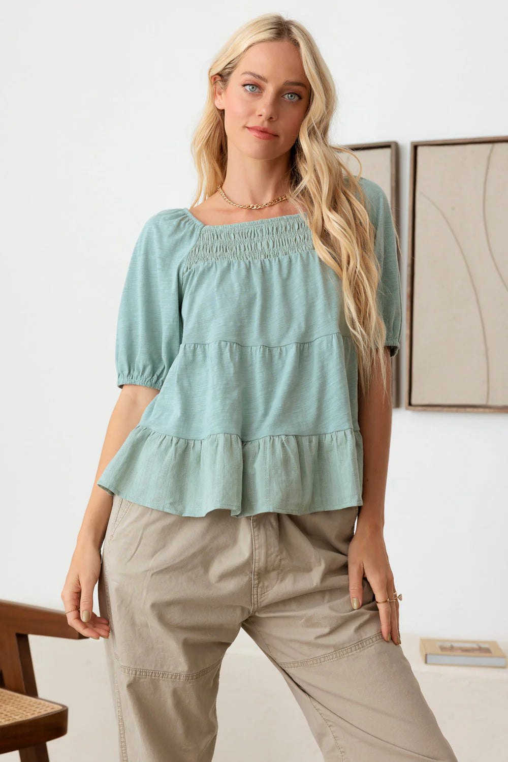 Boho Short Puff Sleeve Smocked Ruffle Hem Top