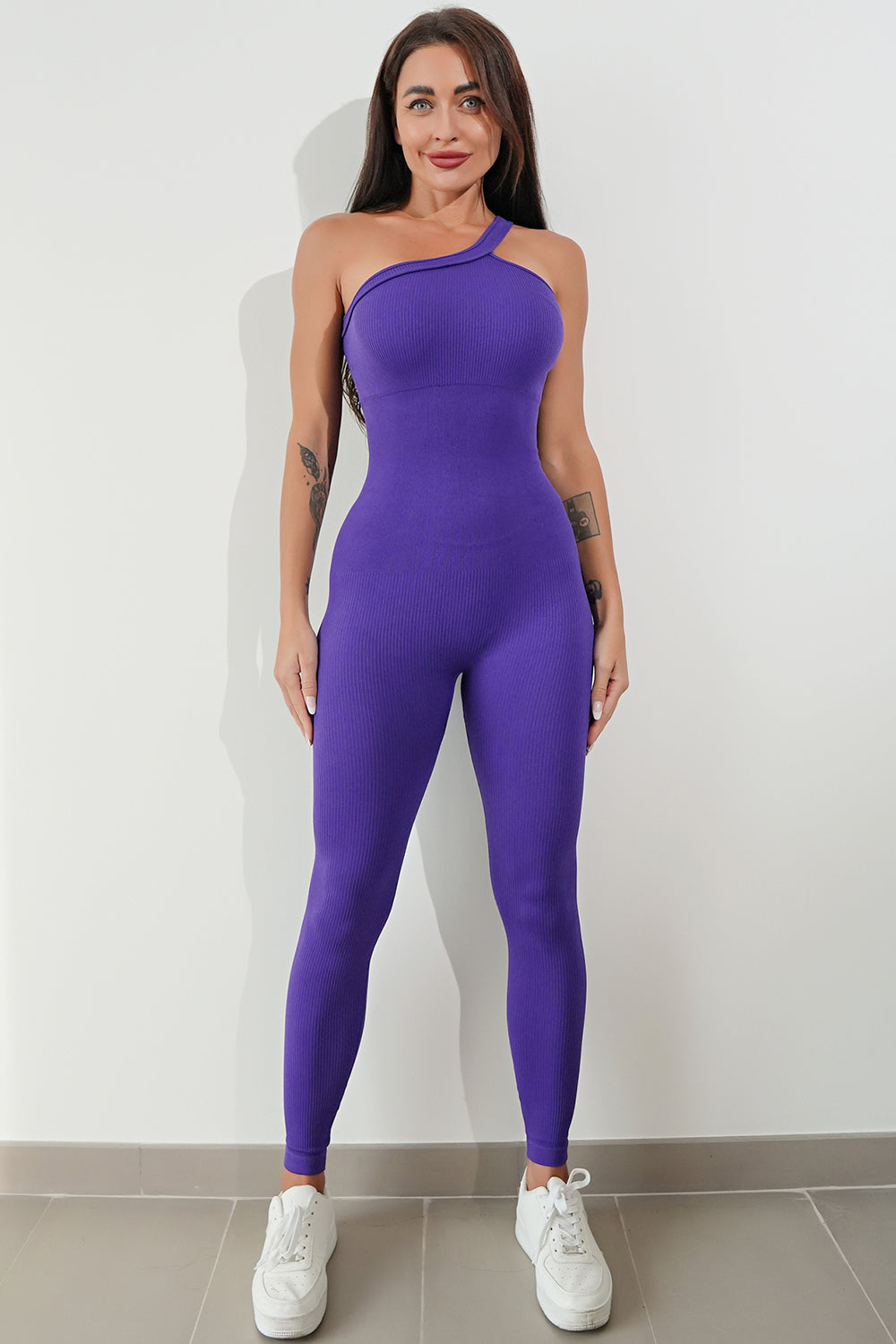 Asymmetrical Neck Wide Strap Active Jumpsuit – Sleek, Stretchy, and Stylish for Yoga, Workout, or Casual Wear