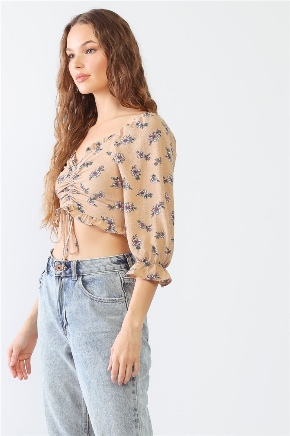 Miss Love / Kevin Co. Floral Ruffle Smocked Back Ruched Crop Top - bllue yonders