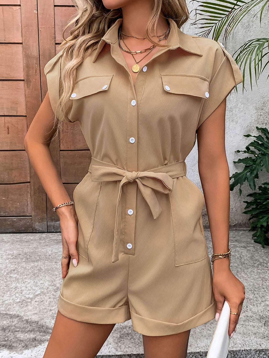 Collared Neck Tie Waist Romper with Pockets - blue yonderz