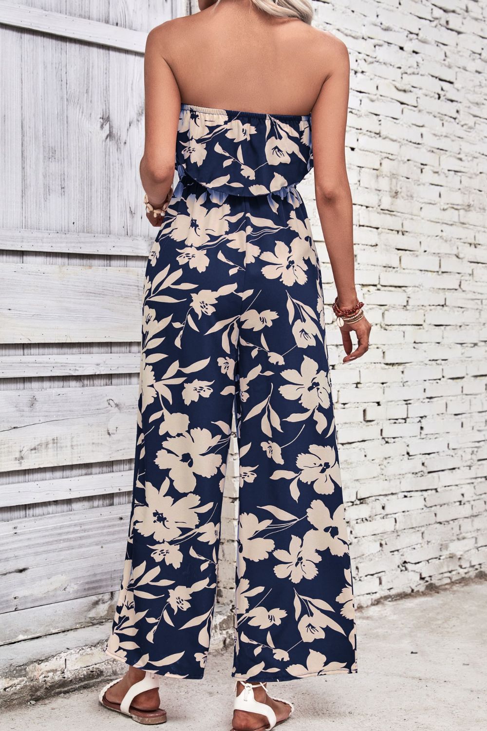 Floral Strapless Wide Leg Jumpsuit - blue yonderz