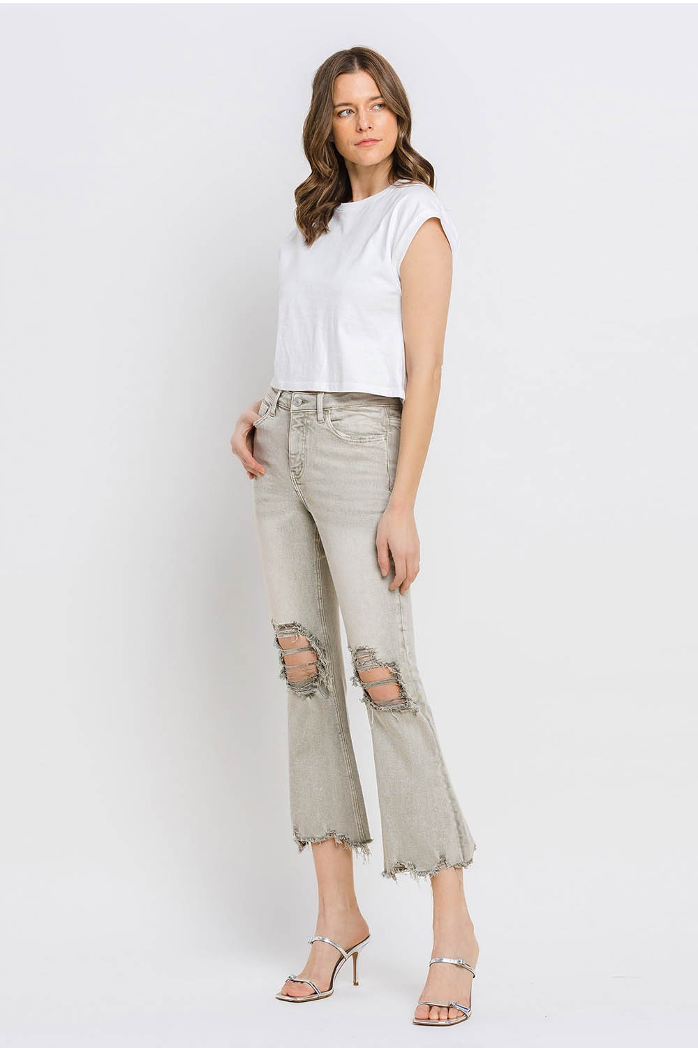 Lovervet Distressed Raw Hem Cropped Flare Jeans - blue yonderz