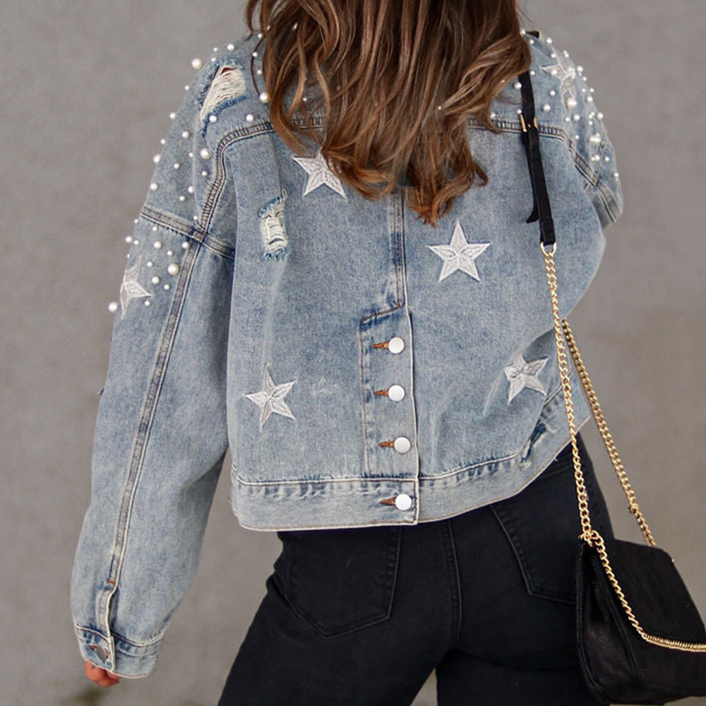 Bead Detail Denim Jacket - blue yonderz