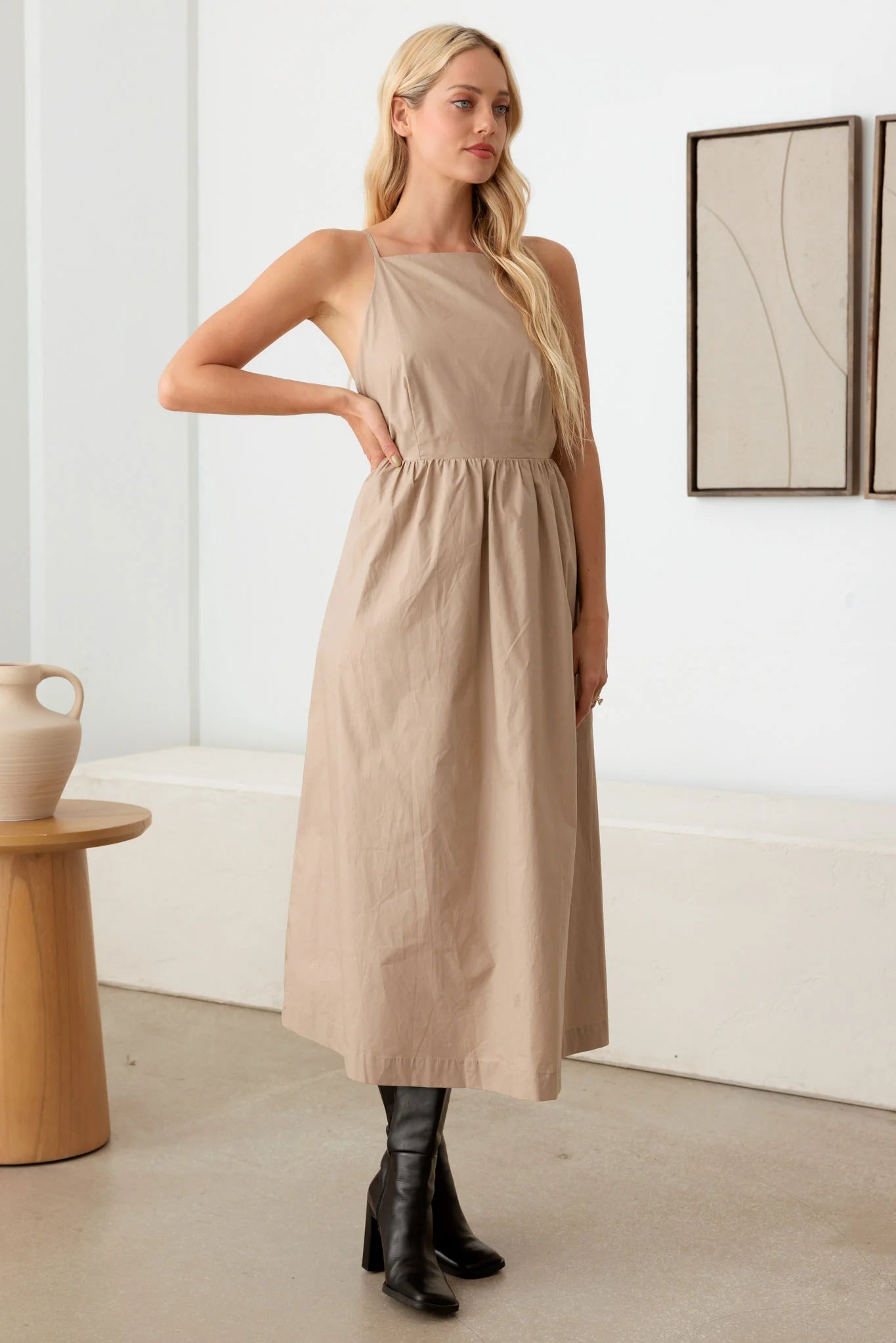 Natural Open Back Tie A-Silhouette Midi Dress