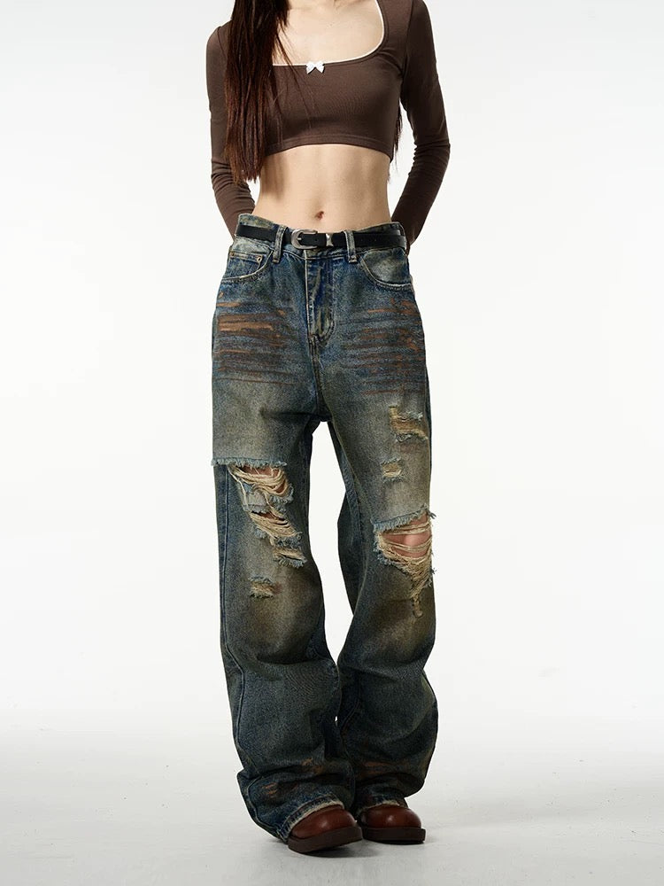Retro Ripped Baggy Street Denim