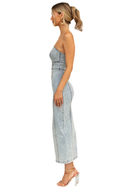 Washed Slit Back Tube Denim Dress