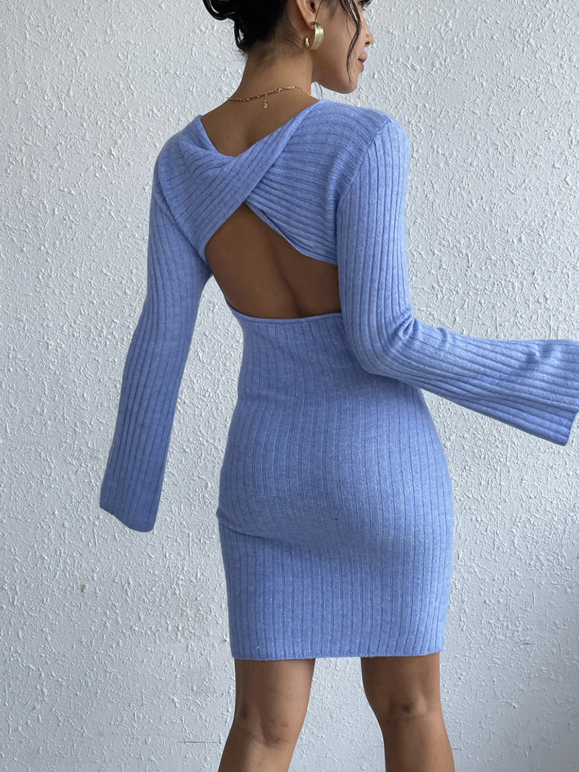 Backless Round Neck Long Sleeve Sweater Dress - bllue yonders