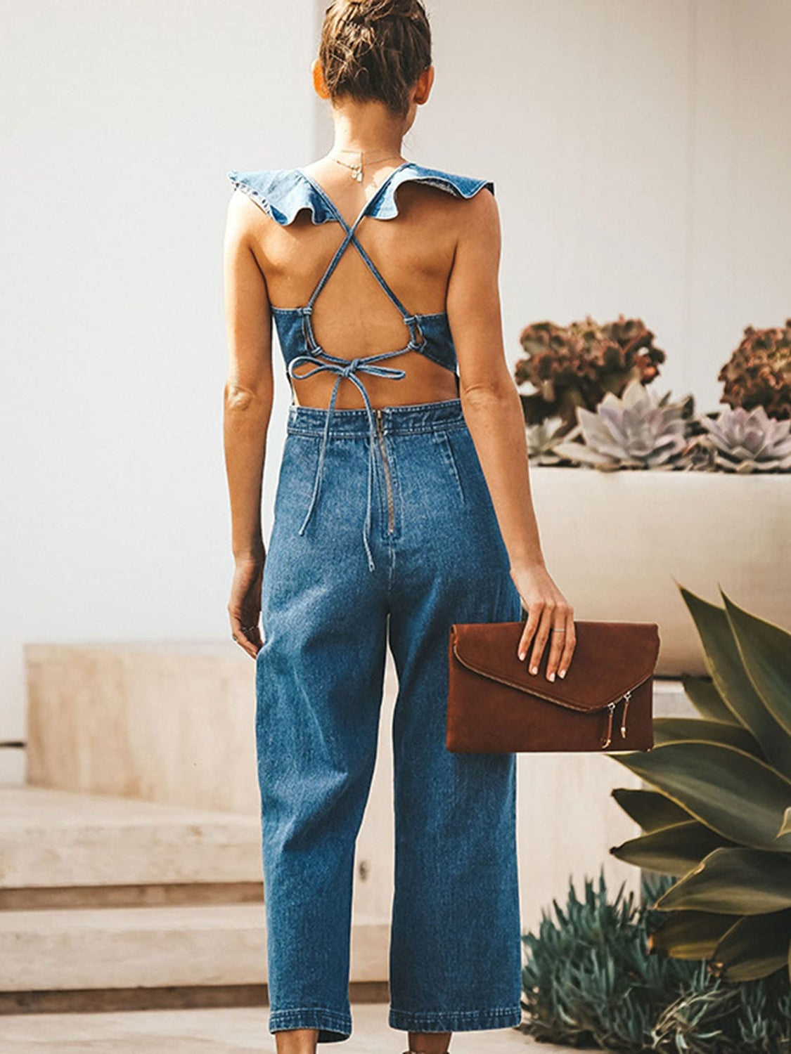 Ruffled Backless Sleeveless Denim Jumpsuit - blue yonderz