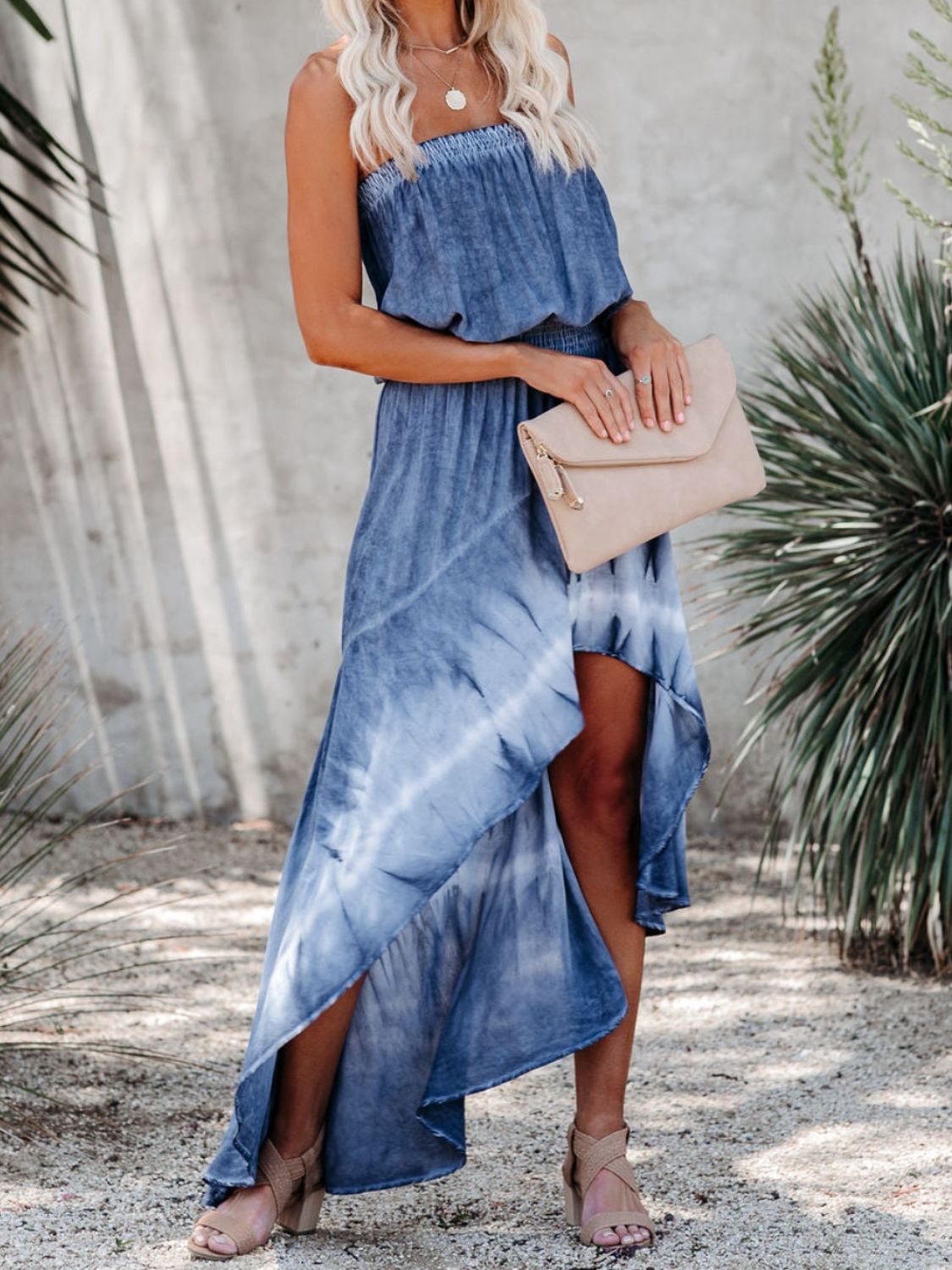 Smocked High-Low Tube Denim Dress - blue yonderz