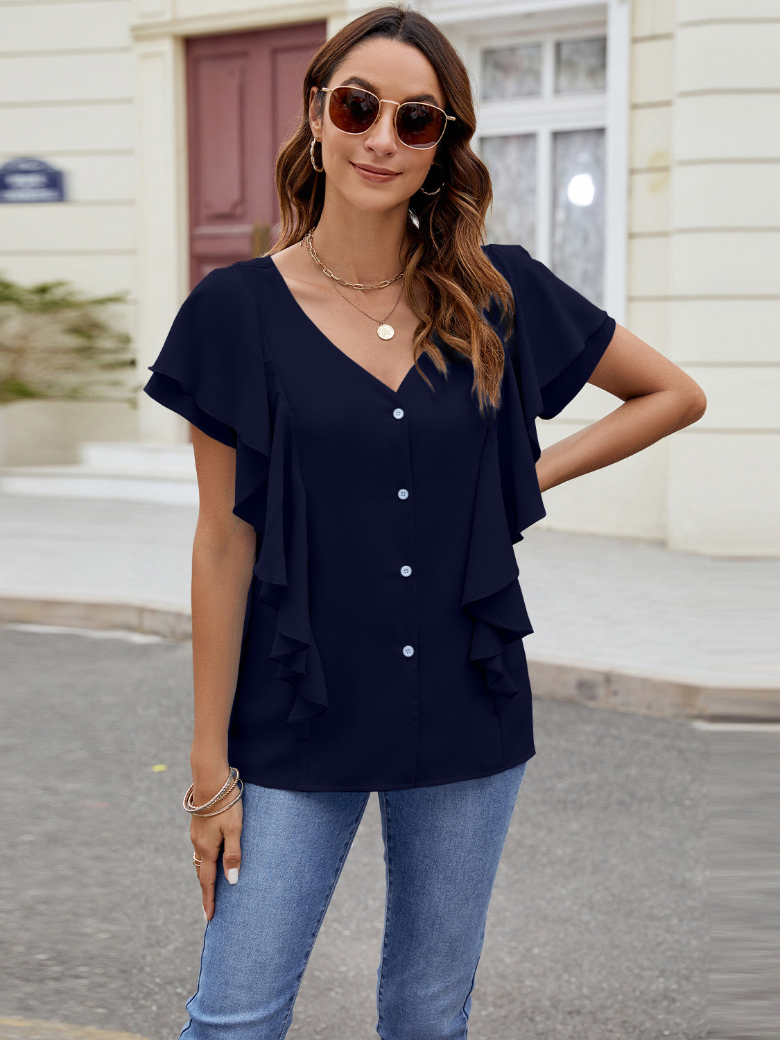 Ruffled V-Neck Short Sleeve Top - blue yonderz