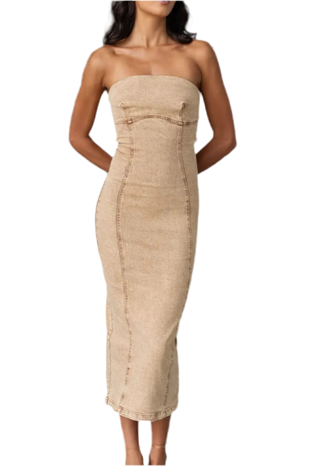 Washed Slit Back Tube Denim Dress