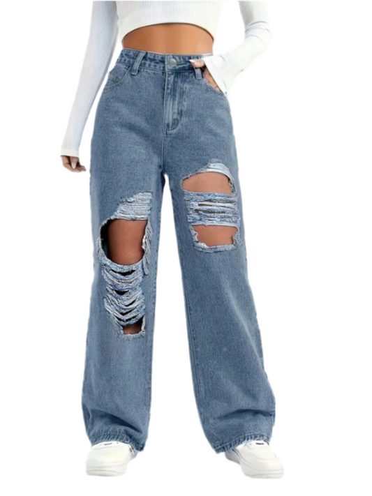 Cutout Distressed Baggy Jeans