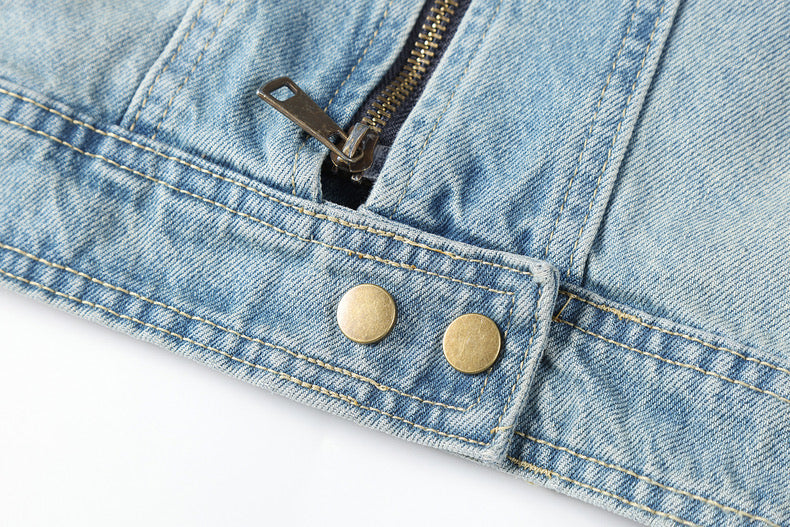 Light Blue Retro Double Zipper Stand Collar Denim Jacket