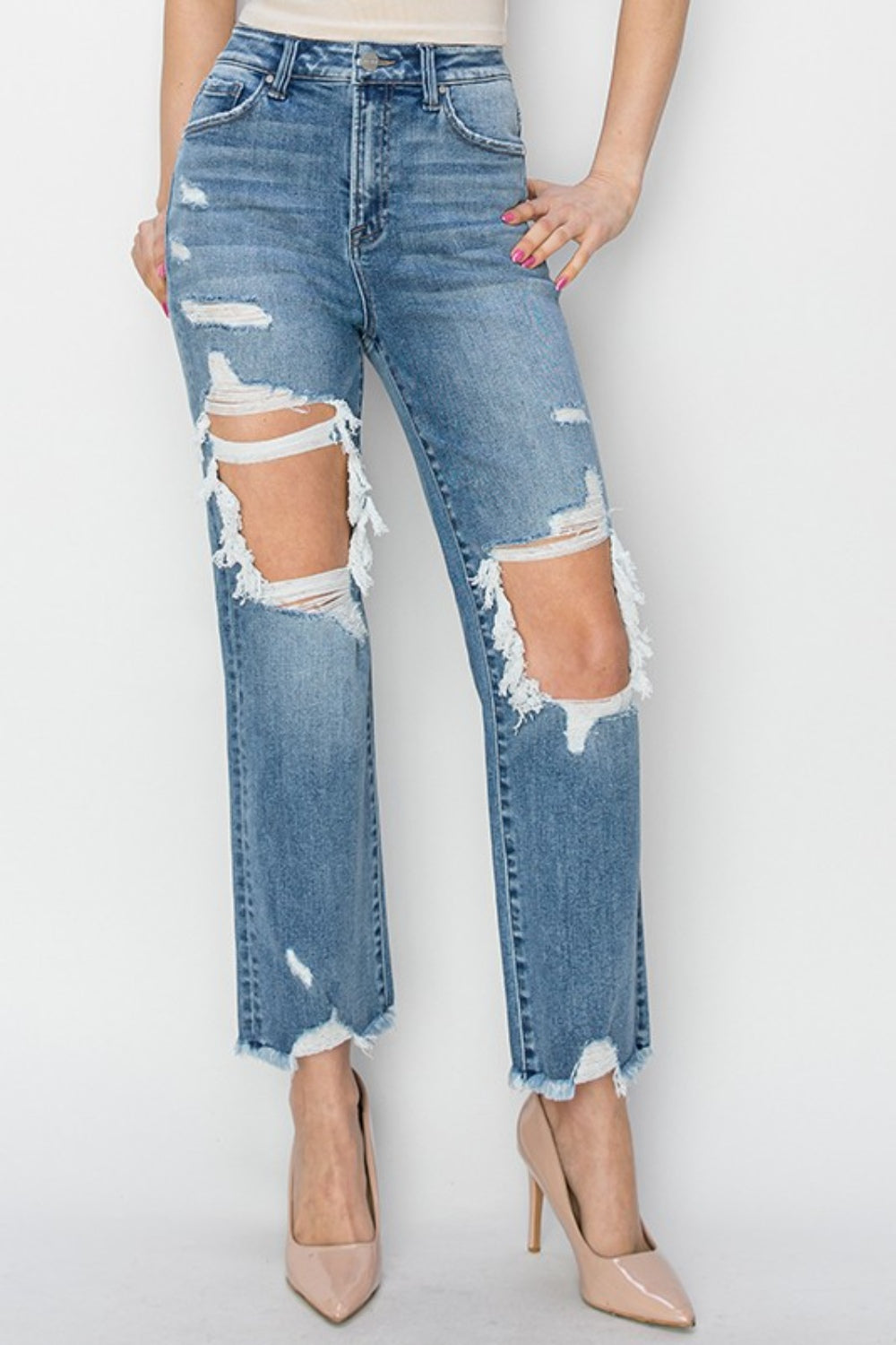 RISEN High Rise Distressed Crop Straight Jeans - blue yonderz