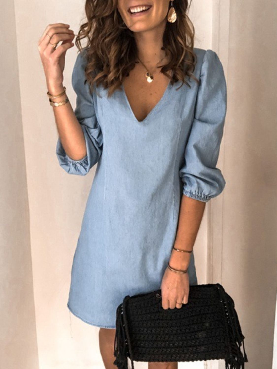 Full Size V-Neck Half Sleeve Dress - blue yonderz