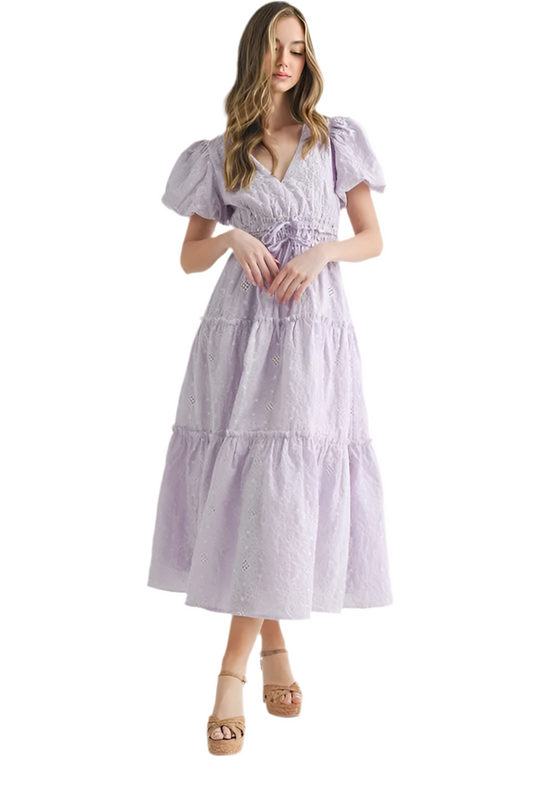 Eyelet Lace Puff Sleeve V Neck Midi Dress