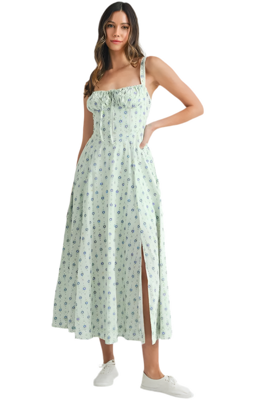 Floral Print Bustier Back Lace Up Midi Dress