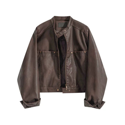 Women's PU Leather Jacket with Stand Collar