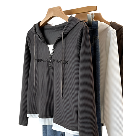 Layered Hem Graphic Text Hooded Sweater
