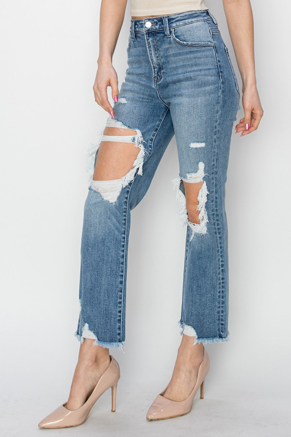 RISEN High Rise Distressed Crop Straight Jeans - blue yonderz