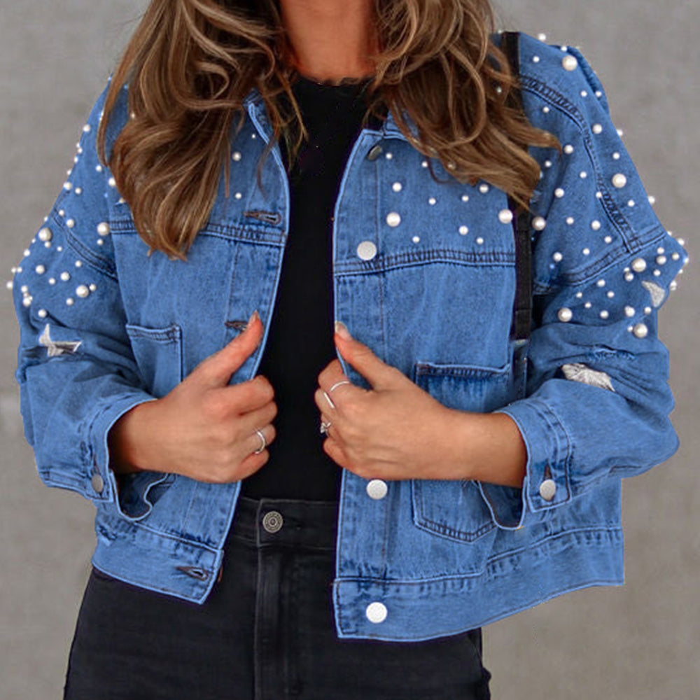 Bead Detail Denim Jacket - blue yonderz