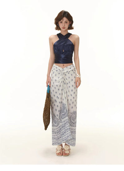 Blue Floral Pleated Midi Skirt