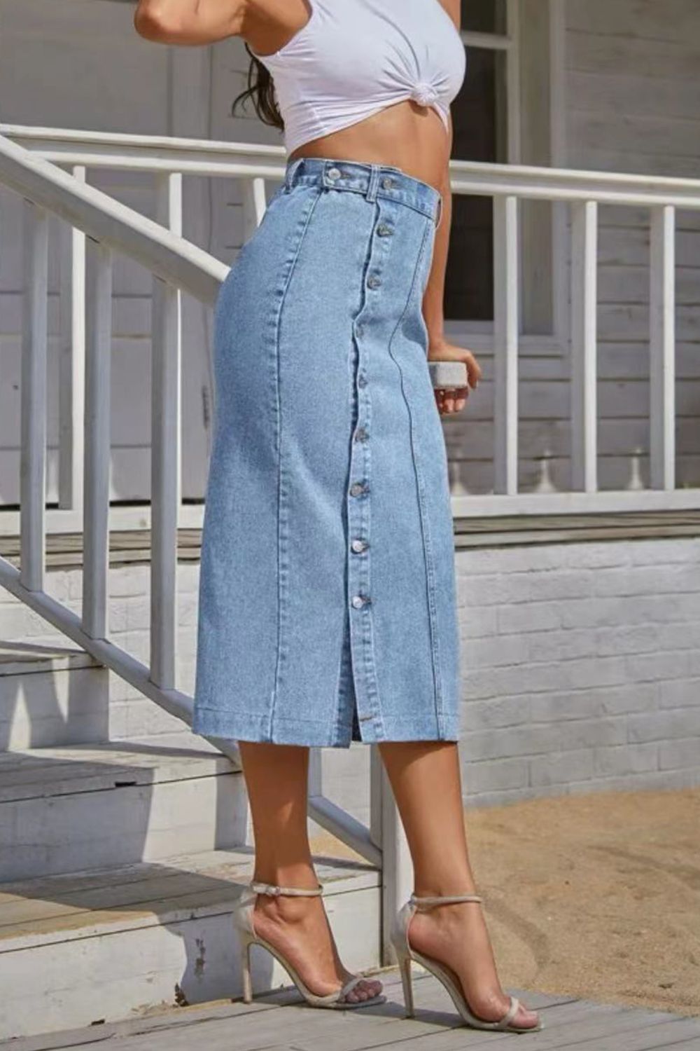 Buttoned Split Denim Skirt - blue yonderz