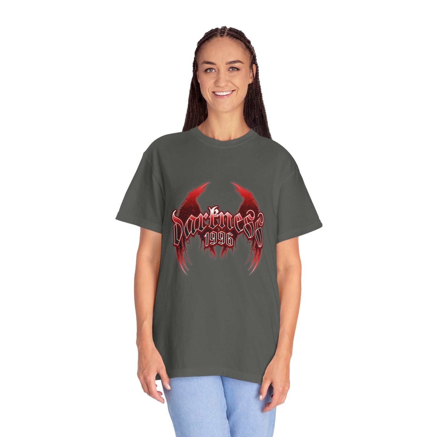 Darkness 1996 Gothic Graphic T-Shirt with Red Accents