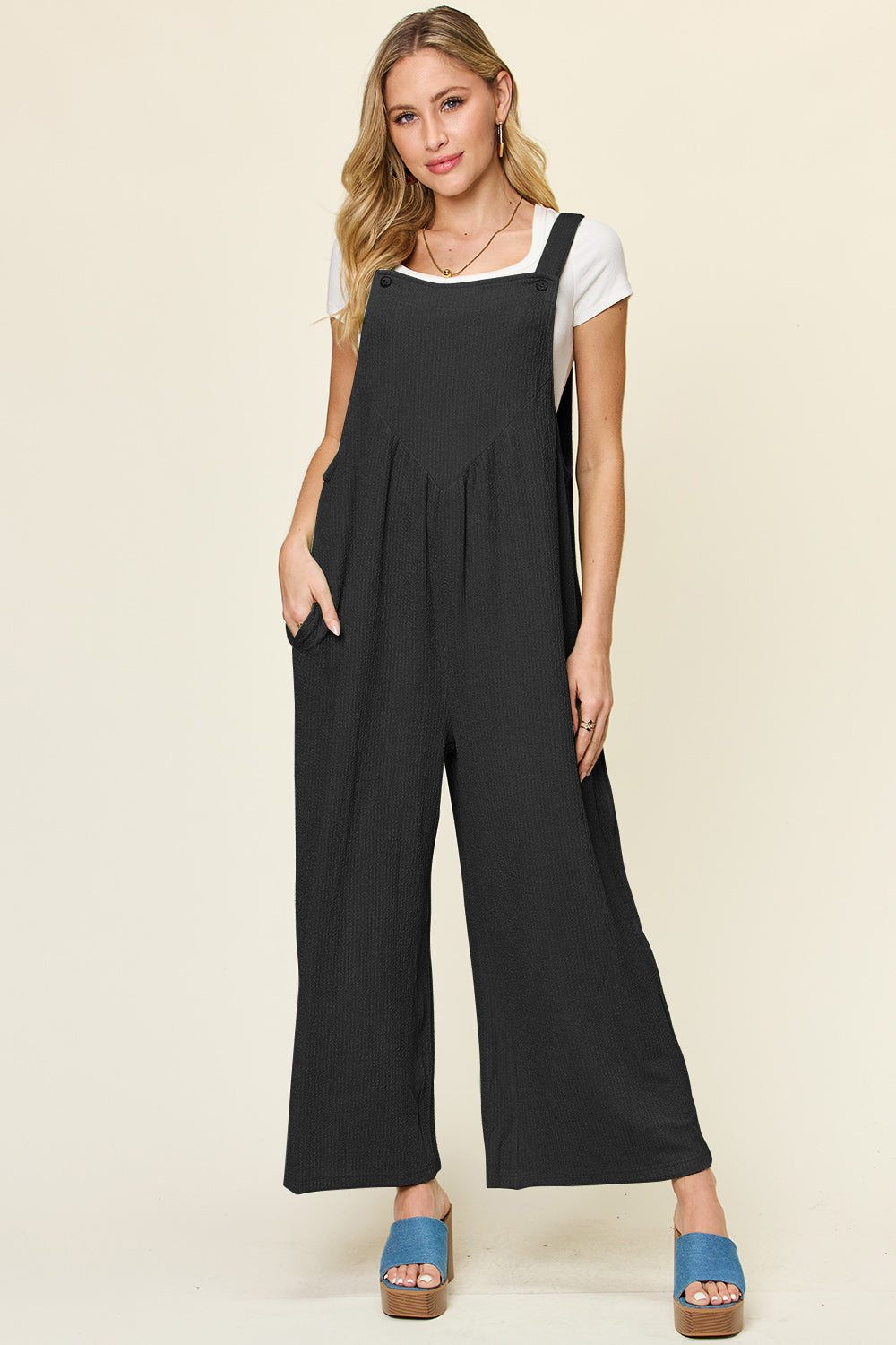 Double Take Full Size Texture Sleeveless Wide Leg Overall - bllue yonders