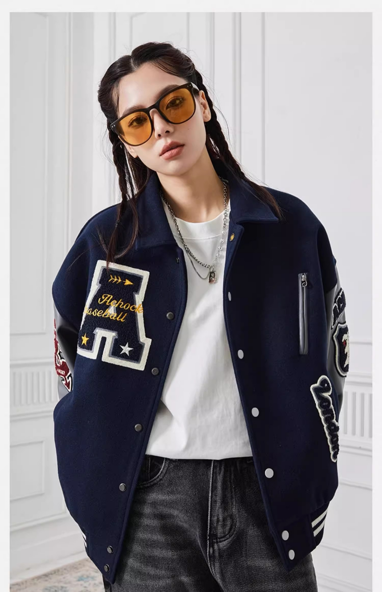 Title: Women's Oversized Varsity Jacket | Trendy Letterman Streetwear for Fall & Winter | Wool Blend & Faux Leather Sleeves