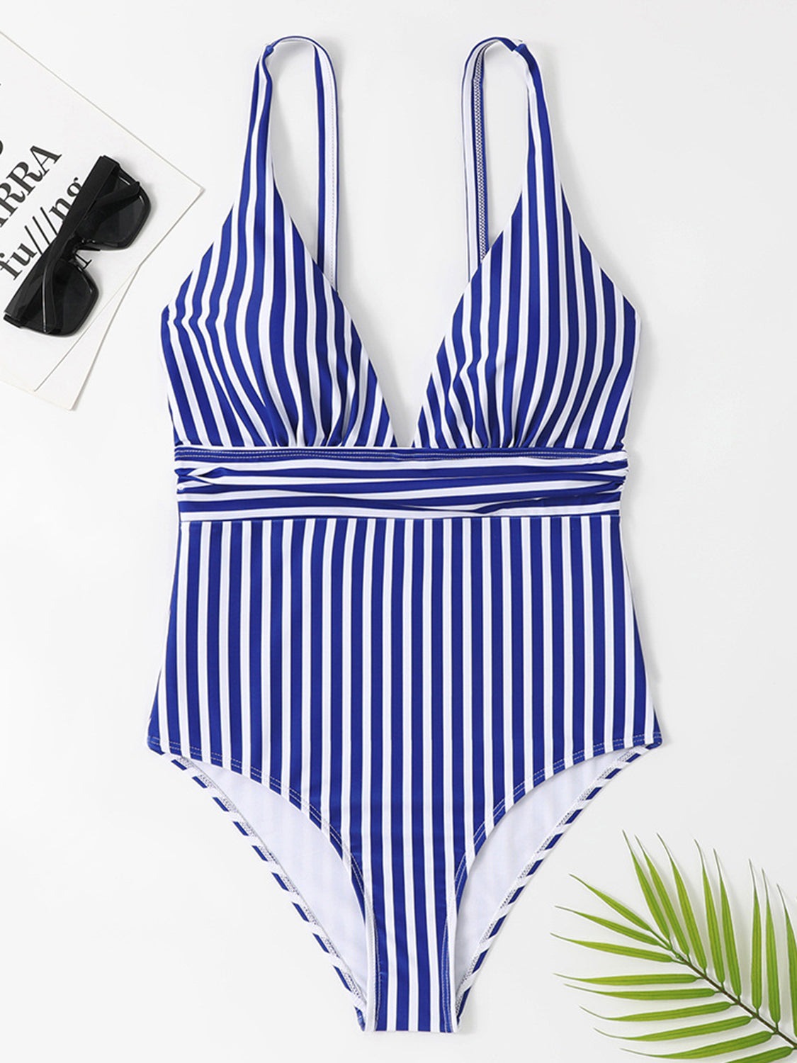 Striped Plunge Sleeveless One-Piece Swimwear - blue yonderz